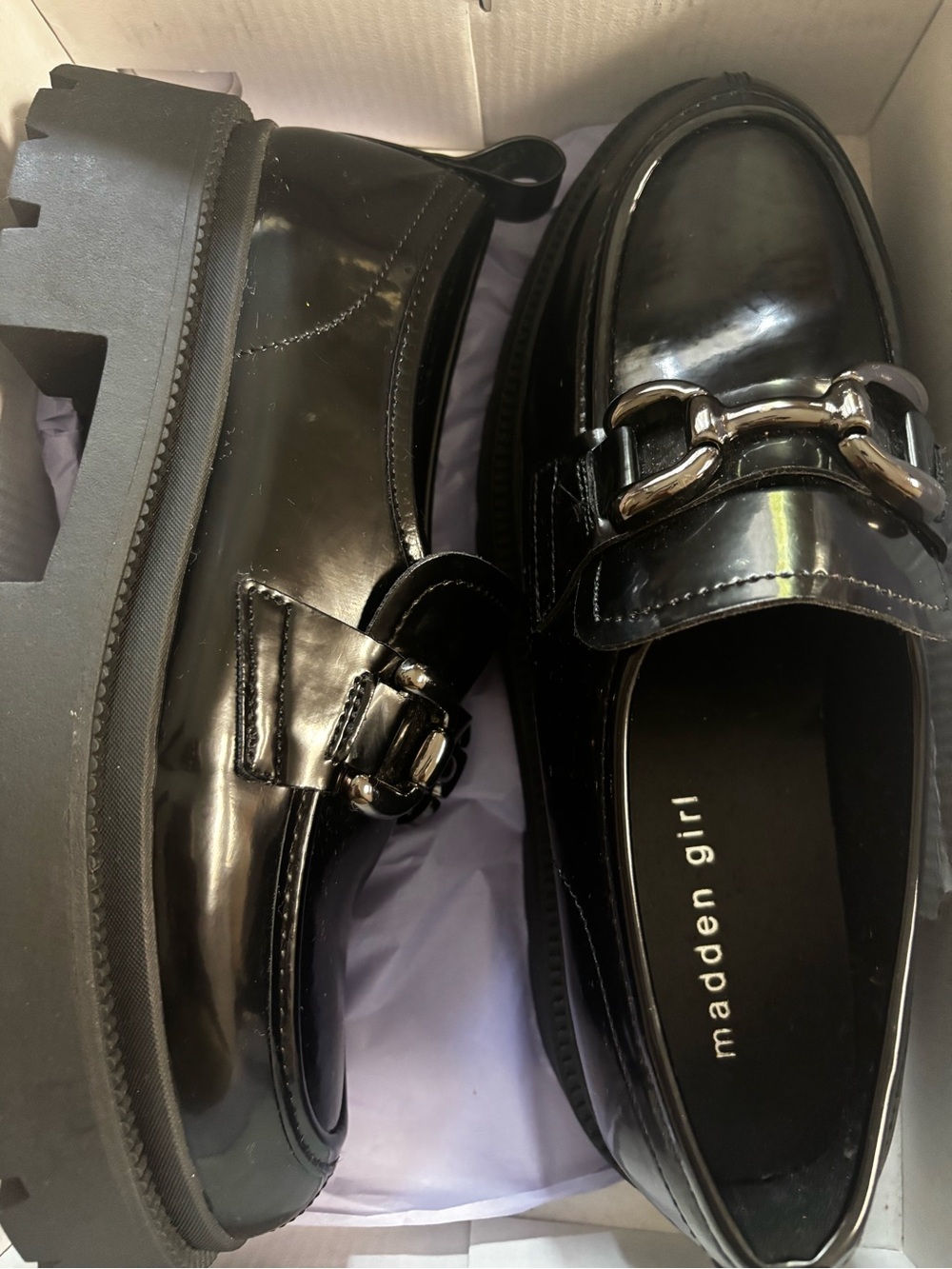 Madden Girl Black Patent Chunky Bit Loafers